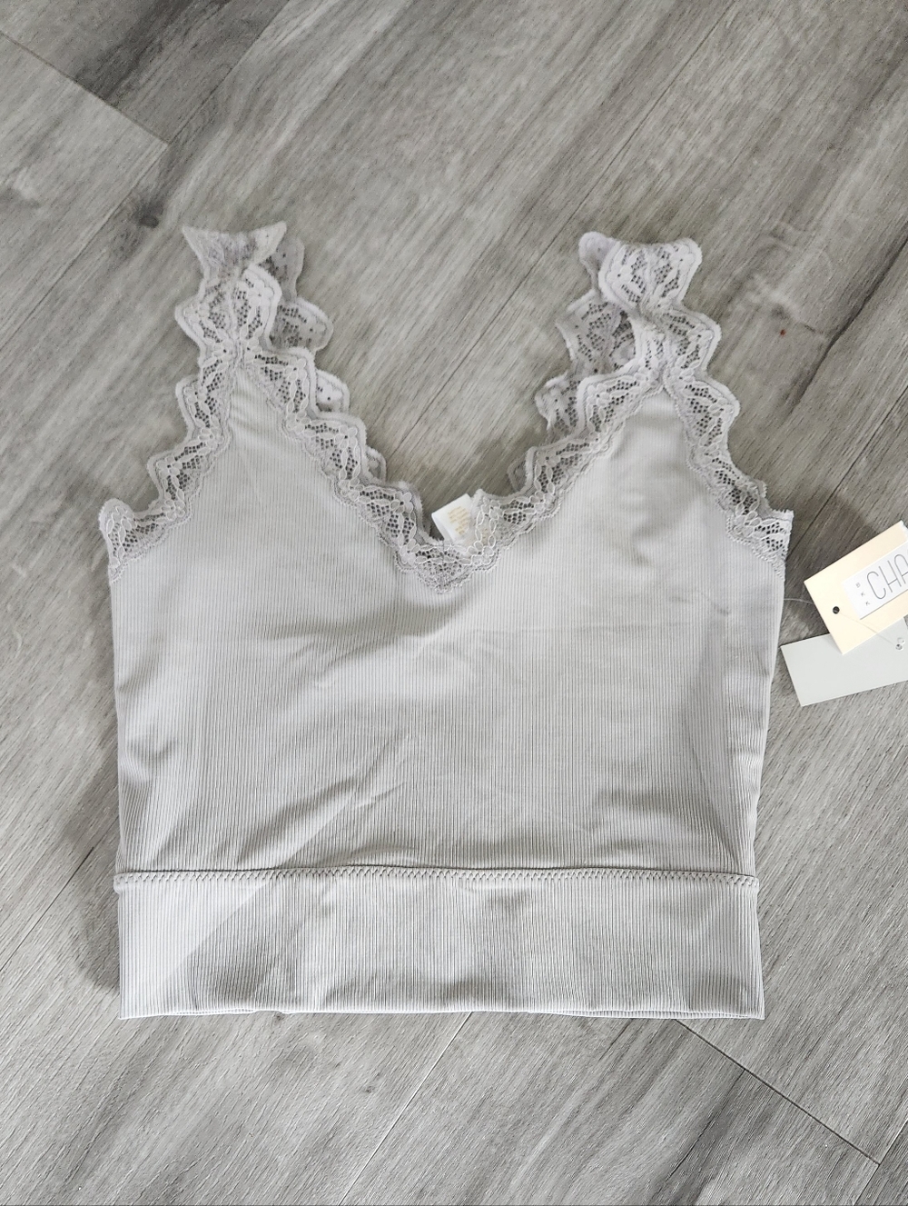 Lace Trim Ribbed bralette loungewear Crop tank NWT Light Gray Medium